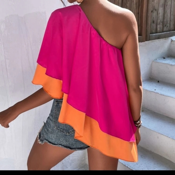 Womens One Shoulder Hi Lo Colorblock Blouse in Magenta Combo in Various NWT - Picture 5 of 6